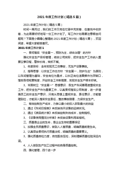 2021年度工作计划（精选5篇）