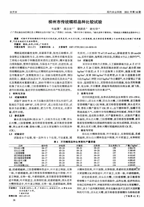 柳州市传统糯稻品种比较试验