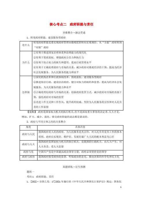 高考政治二轮专题复习第一篇专题突破专题五公民权利与政府职责核心考点二政府职能与责任教师用书