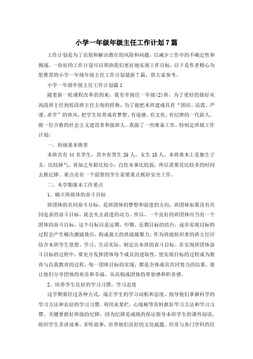 小学一年级年级主任工作计划7篇