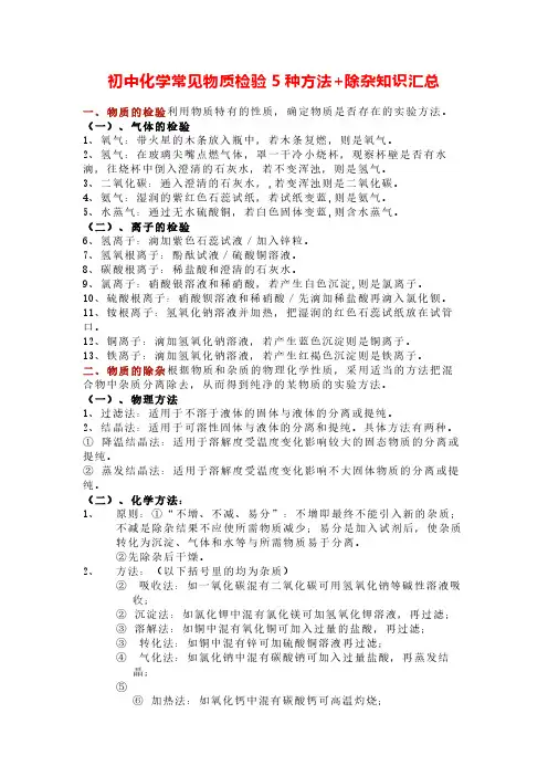 初中化学常见物质检验方法