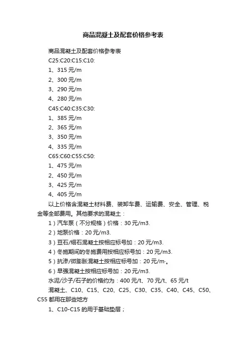 商品混凝土及配套价格参考表