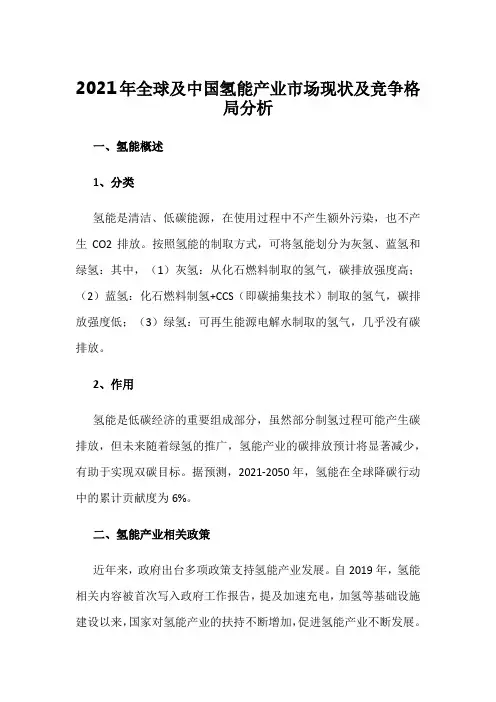 2021年全球及中国氢能产业市场现状及竞争格局分析