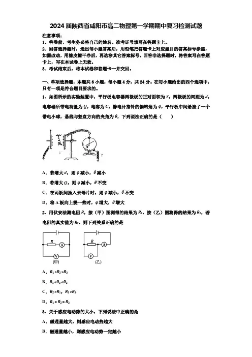 2024届陕西省咸阳市高二物理第一学期期中复习检测试题含解析