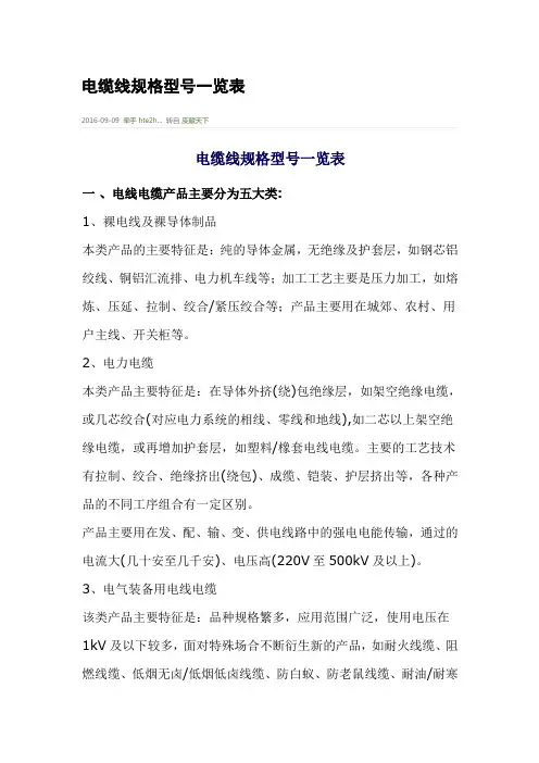 电缆线规格型号一览表