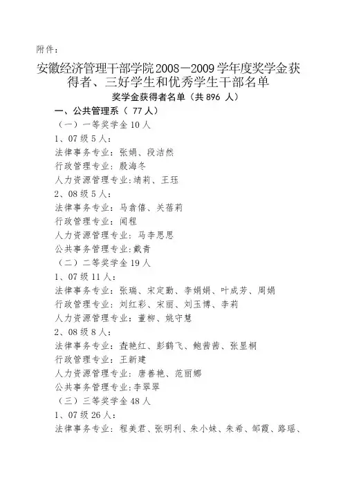 三好学生和优秀学生干部名单 安徽行政学院安徽经济管