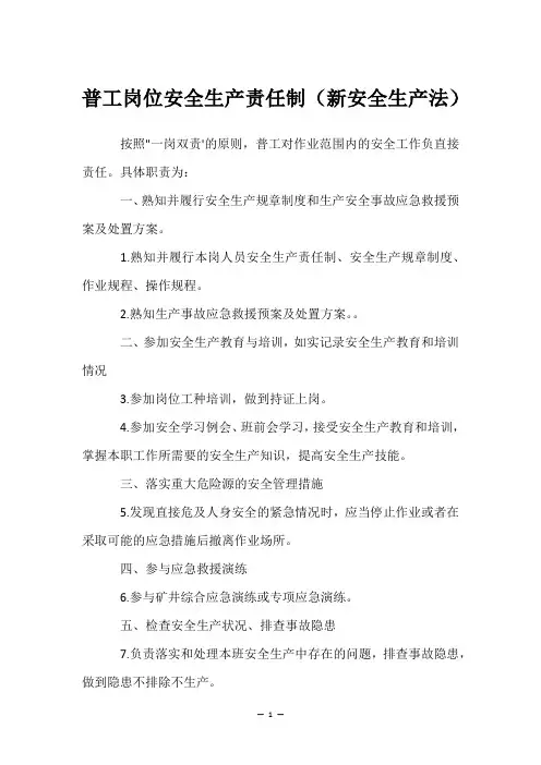 普工岗位安全生产责任制(新安全生产法)