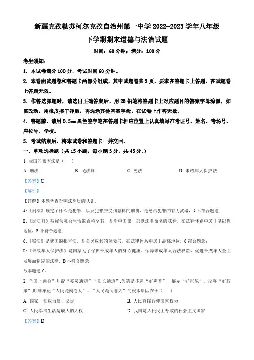 新疆克孜勒苏柯尔克孜自治州第一中学2022-2023学年八年级下学期期末道德与法治试题(解析版)
