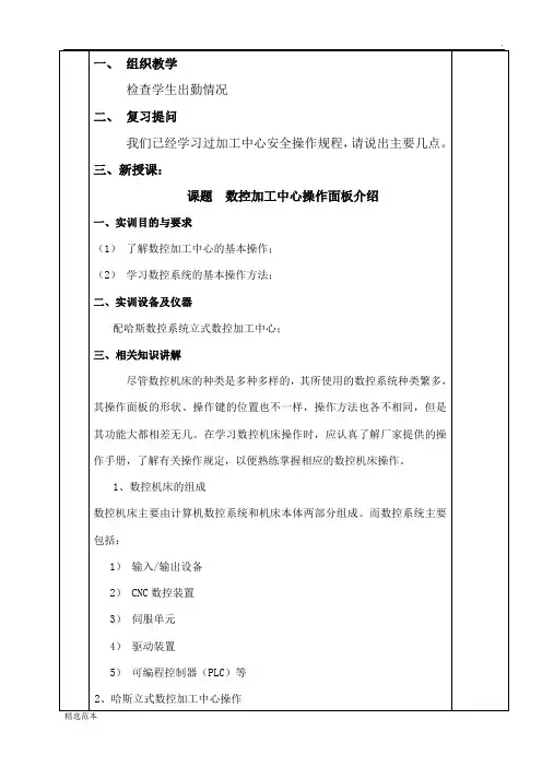 哈斯加工中心面板操作教案