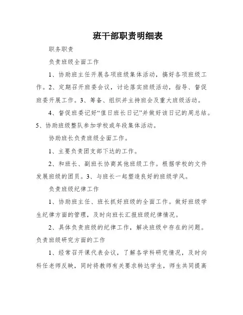 班干部职责明细表