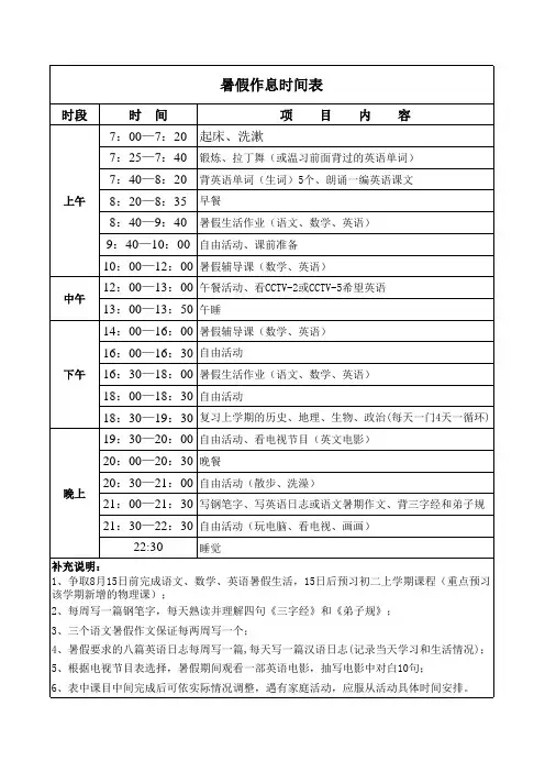 中学生暑假作息时间表excel模版 