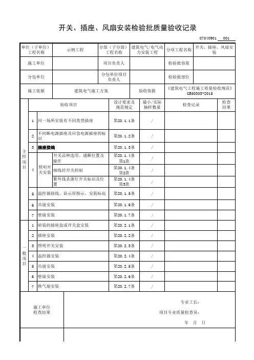 开关、插座、风扇安装检验批质量验收记录