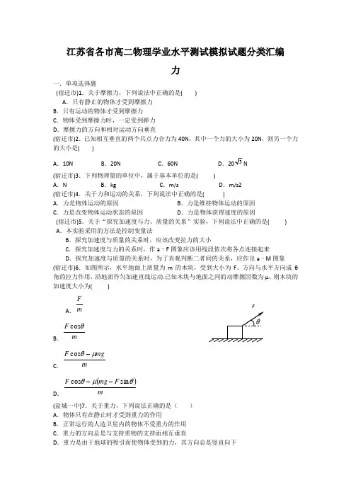 江苏省各市高二物理学业水平测试模拟试题分类汇编力