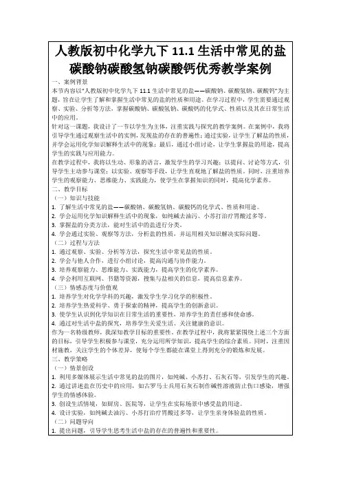 人教版初中化学九下11.1生活中常见的盐碳酸钠碳酸氢钠碳酸钙优秀教学案例