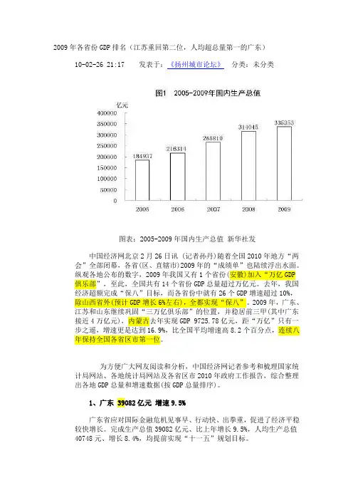 2009年各省份GDP排名