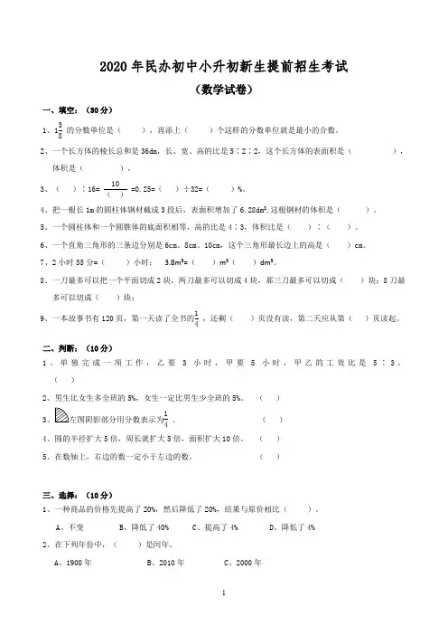 2020年民办初中小升初新生提前招生考试语文数学整套试卷及答案4
