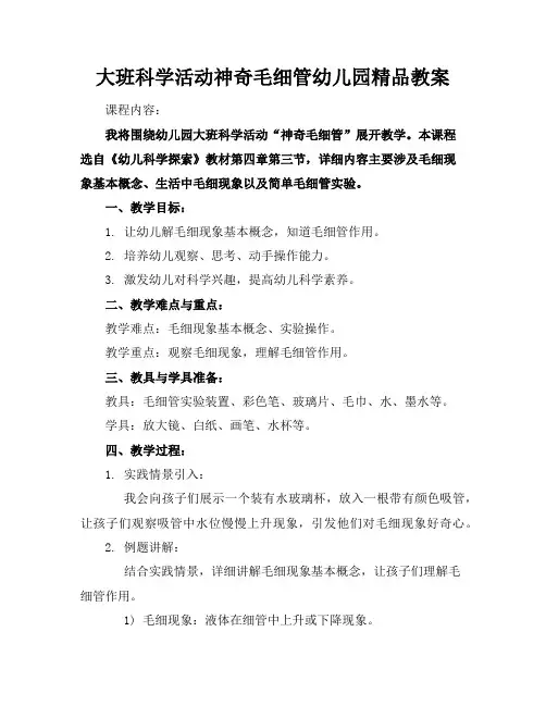 大班科学活动神奇的毛细管幼儿园精品教案