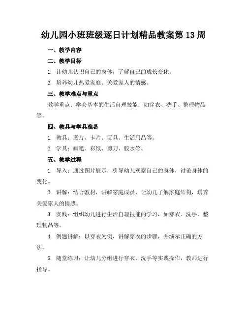 幼儿园小班班级逐日计划精品教案第13周