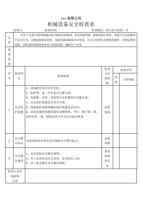 机械设备安全检查表