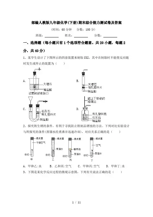 部编人教版九年级化学(下册)期末综合能力测试卷及答案