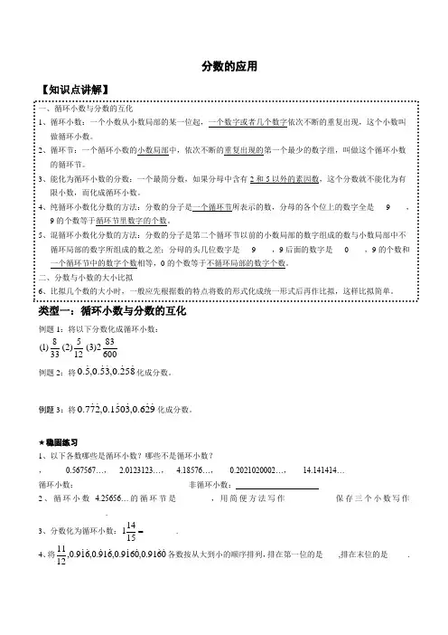 循环小数与分数的互化以及分数的应用