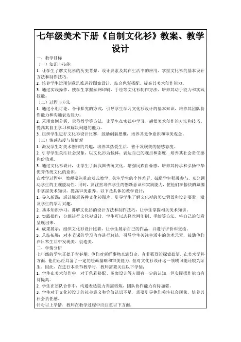 七年级美术下册《自制文化衫》教案、教学设计