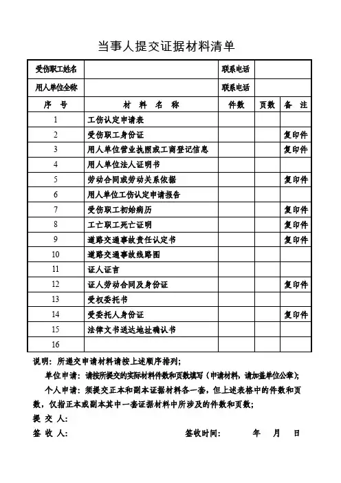 当事人提交证据材料清单