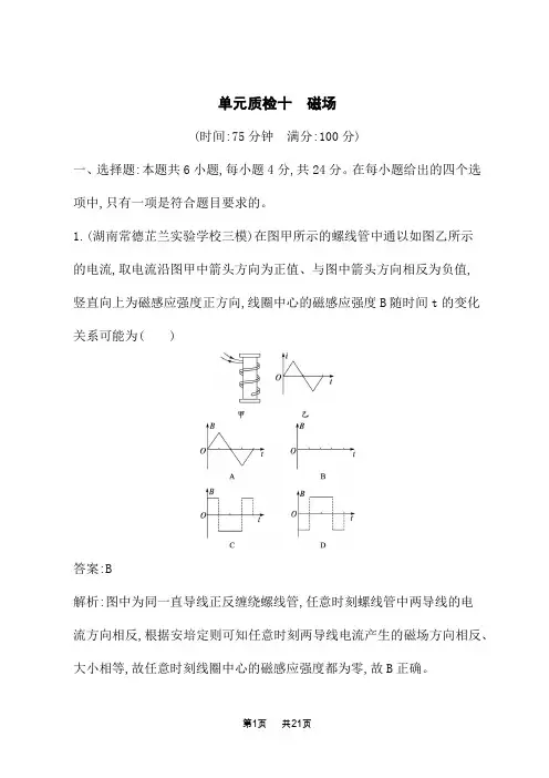人教版高考物理一轮总复习课后习题 第十章 磁场 单元质检十 磁场