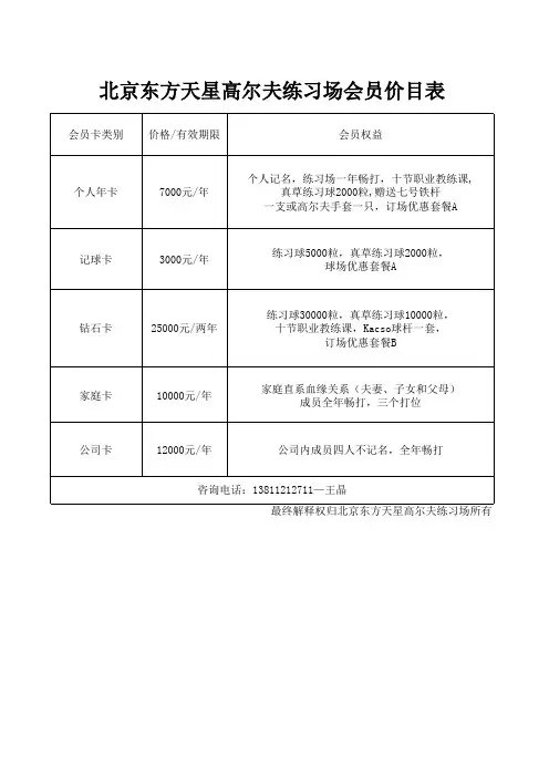 高尔夫练习场价目表
