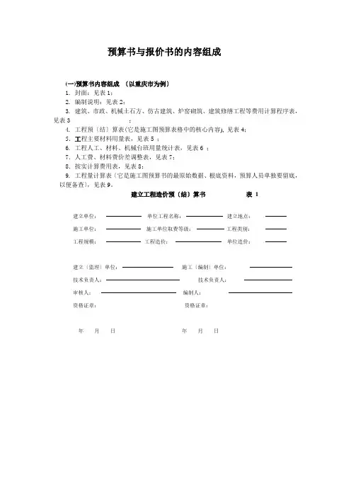 重庆市预算书与报价书相关表格及取费规定