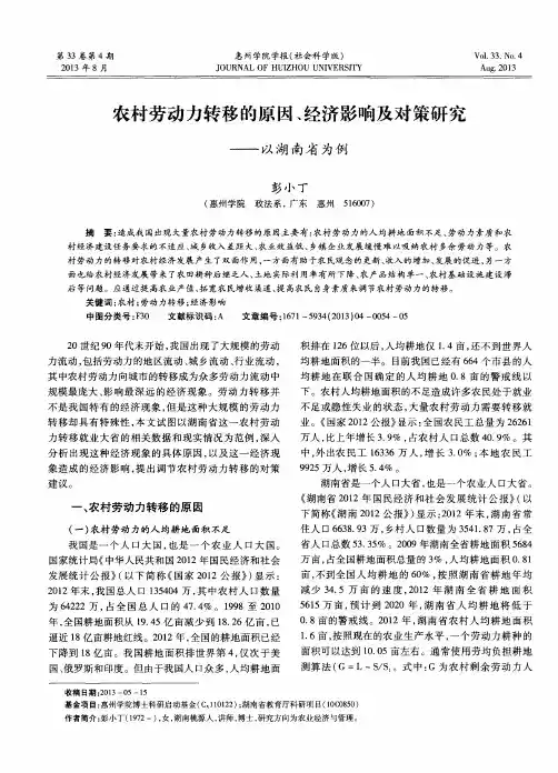 农村劳动力转移的原因、经济影响及对策研究——以湖南省为例
