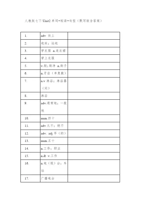 人教版七年级下册Unit2单词+短语+句型(默写版包含答案)