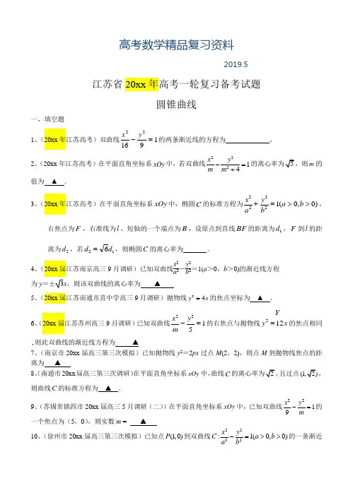 2019年江苏省高三数学一轮复习备考试题：圆锥曲线(含答案解析)