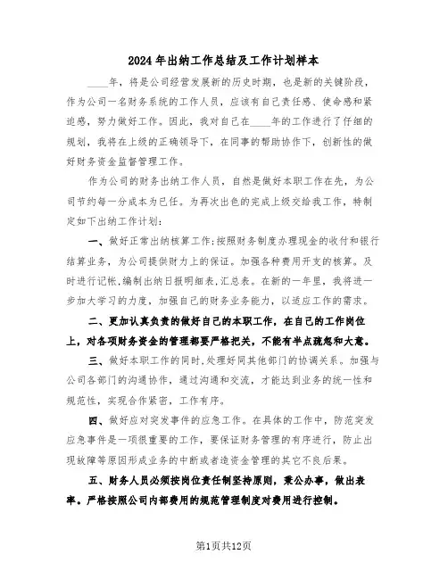 2024年出纳工作总结及工作计划样本(五篇)