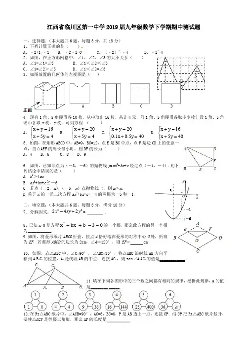 江西省临川区2019届九年级数学下学期期中测试题及标准答案