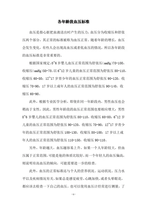 各年龄段血压标准