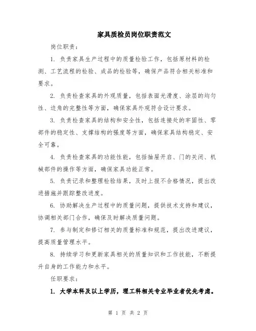 家具质检员岗位职责范文