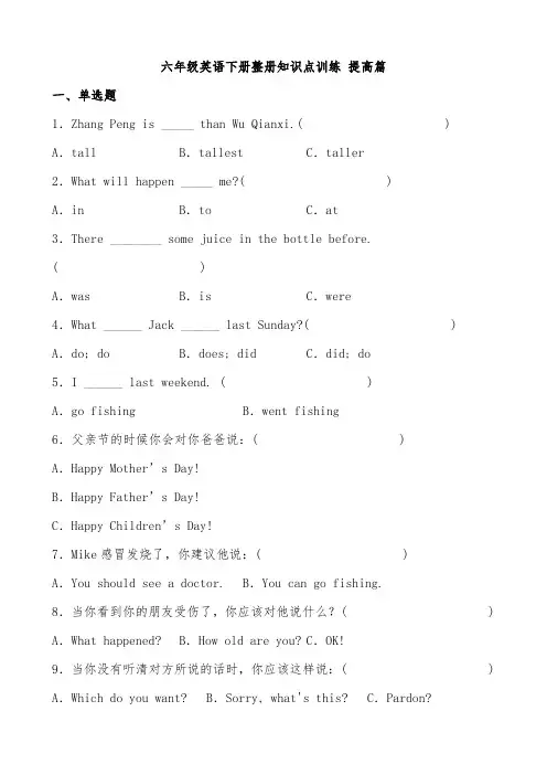 六年级英语下册 整册知识点训练 提高篇(含答案)(人教PEP)