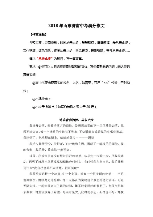 2018年山东济南中考满分作文《追求青春的梦,从未止步》