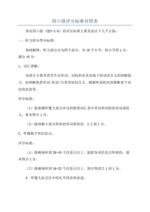 四六级评分标准对照表