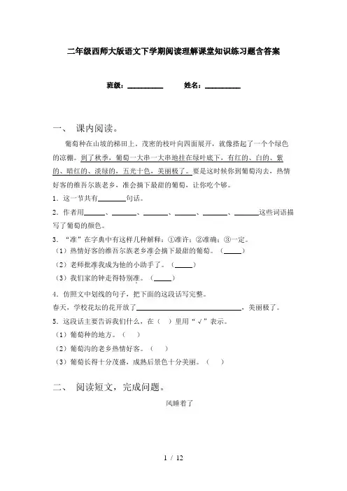 二年级西师大版语文下学期阅读理解课堂知识练习题含答案