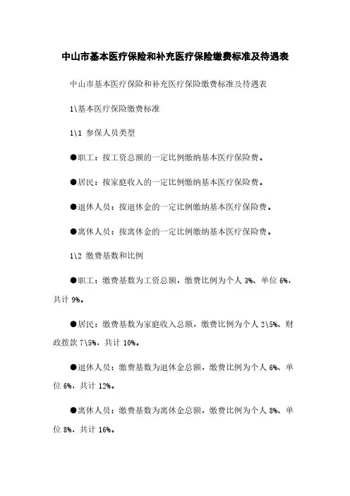 中山市基本医疗保险和补充医疗保险缴费标准及待遇表