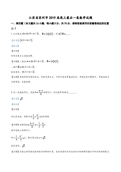 【精品试题】【市级联考】江苏省苏州市2019届高三高考模拟最后一卷数学试题(解析版)