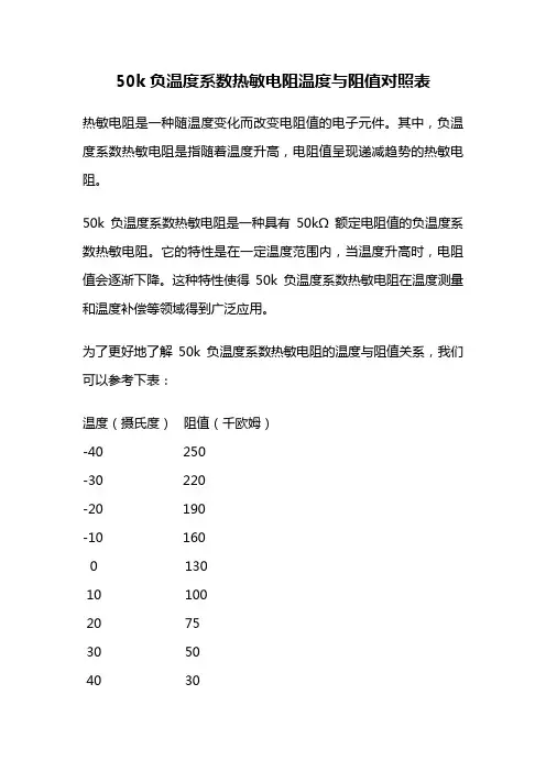50k负温度系数热敏电阻温度与阻值对照表