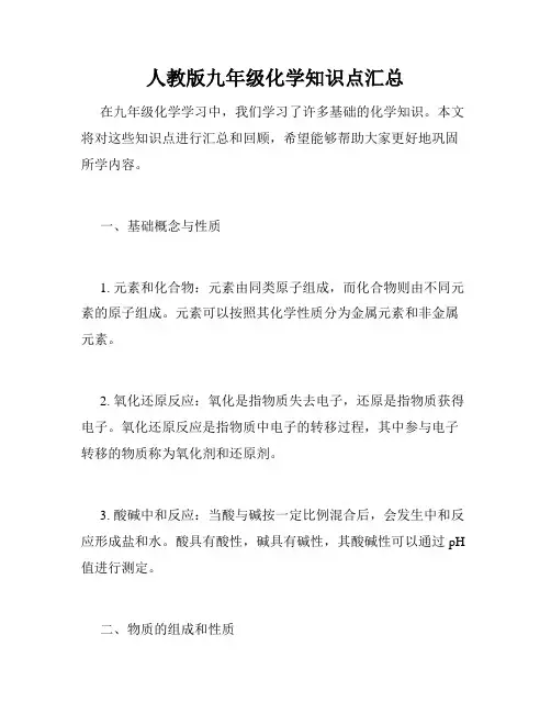 人教版九年级化学知识点汇总