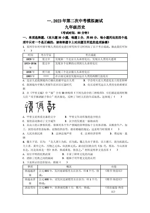 2023年广东省湛江市经济技术开发区中考二模历史试题(无答案)