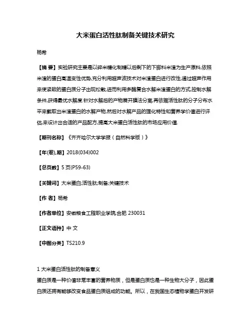 大米蛋白活性肽制备关键技术研究