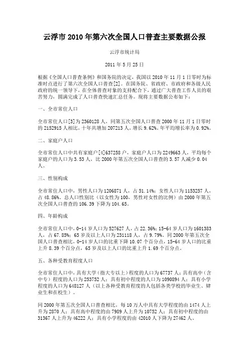 云浮市2010年第六次全国人口普查主要数据公报