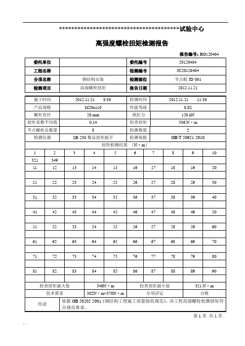 钢结构用高强螺栓扭矩试验报告
