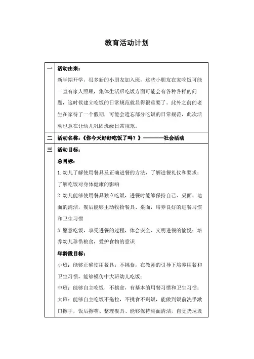 幼儿园小班教育活动计划——好好吃饭